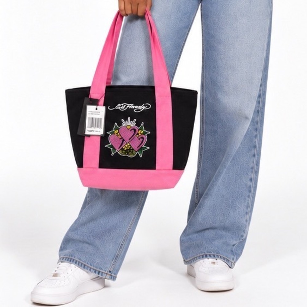 Ed Hardy Rhinestone Heart Tattoo Canvas Tote Bag Black Pink NWT Punk Goth 119-02